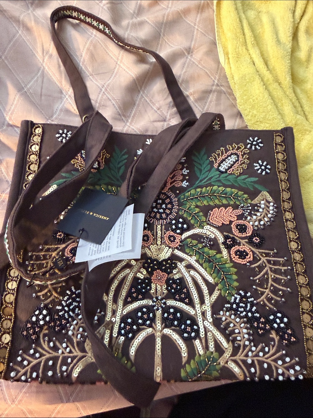 America and Beyond Handmade Embroidered Beaded Tote Bag with Floral Motif